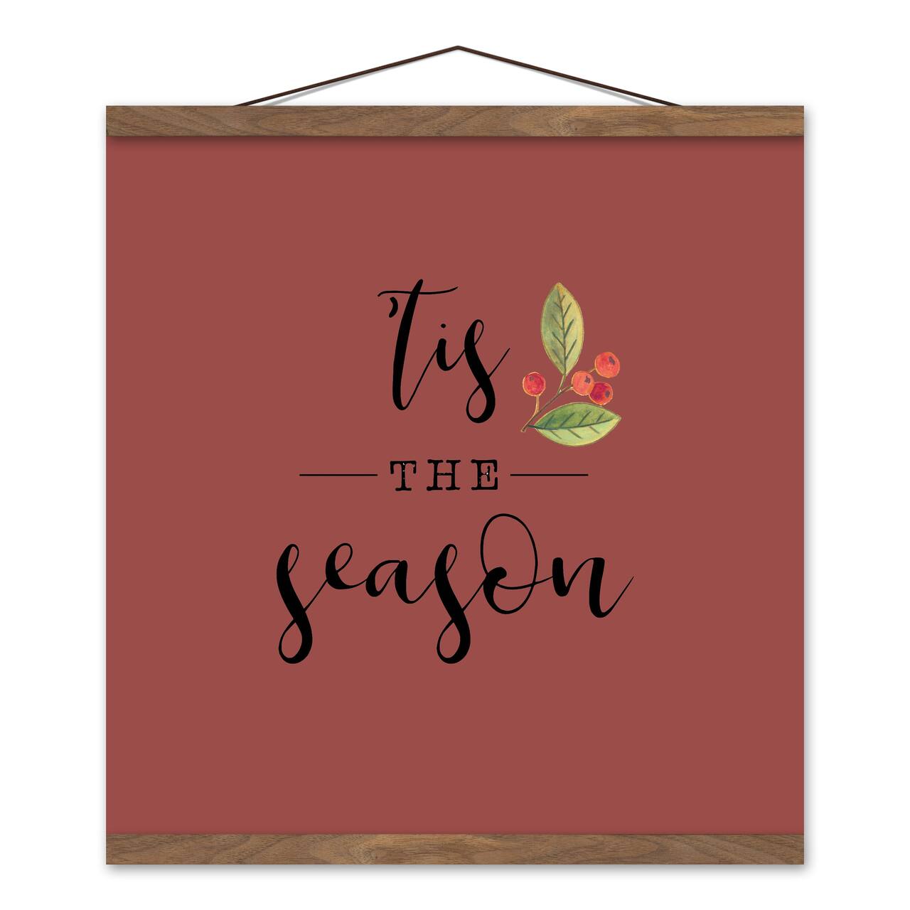 Red Tis the Season Hanging Canvas in Teak Frame